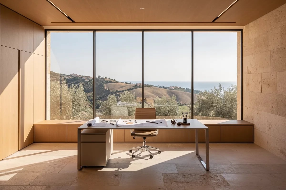 Modern consulting office with view of Mediterranean landscape