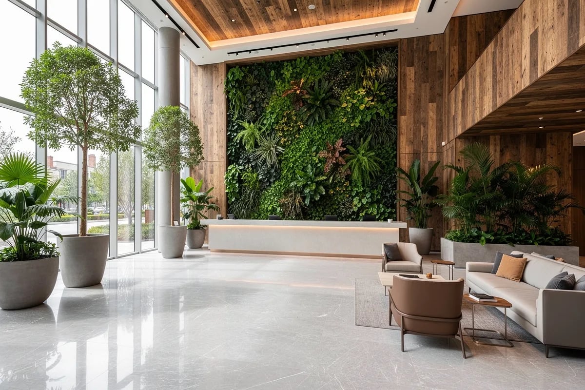 Modern hotel lobby with biophilic design and plant architecture